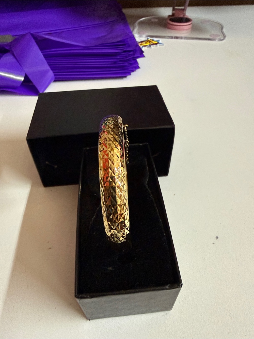 Vintage .925 Technibond Gold Faceted Hinged Bangle Bracelet